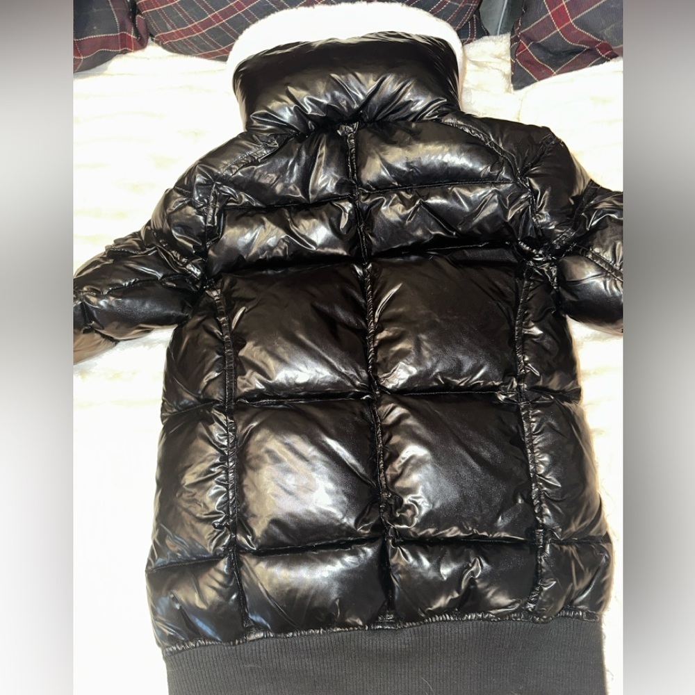 New SAM. Nikki Quilted Down Puffer Lamb Shearling Trim Glossy Black Coat Size S - Picture 7 of 16